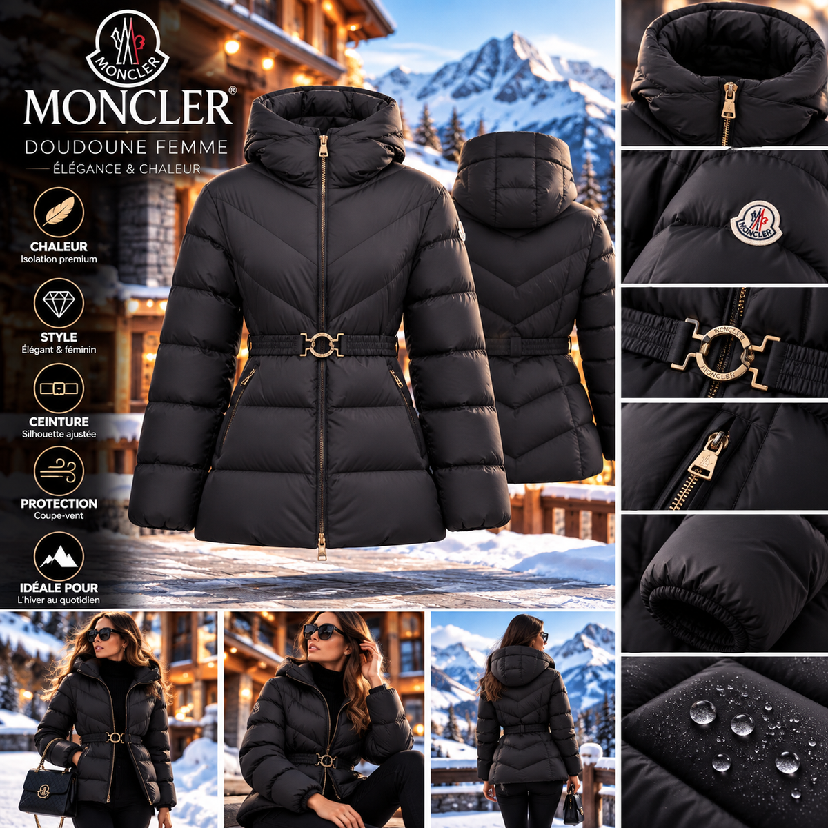 đ€ Doudoune femme noire Ă capuche & ceinture Moncler