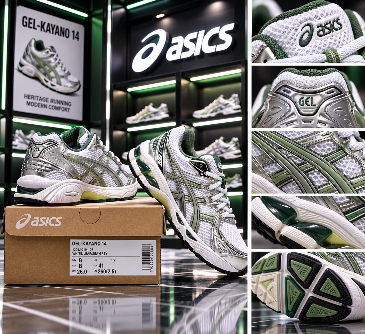 👟🌿 ASICS GEL-KAYANO 14 – White / Silver / Green