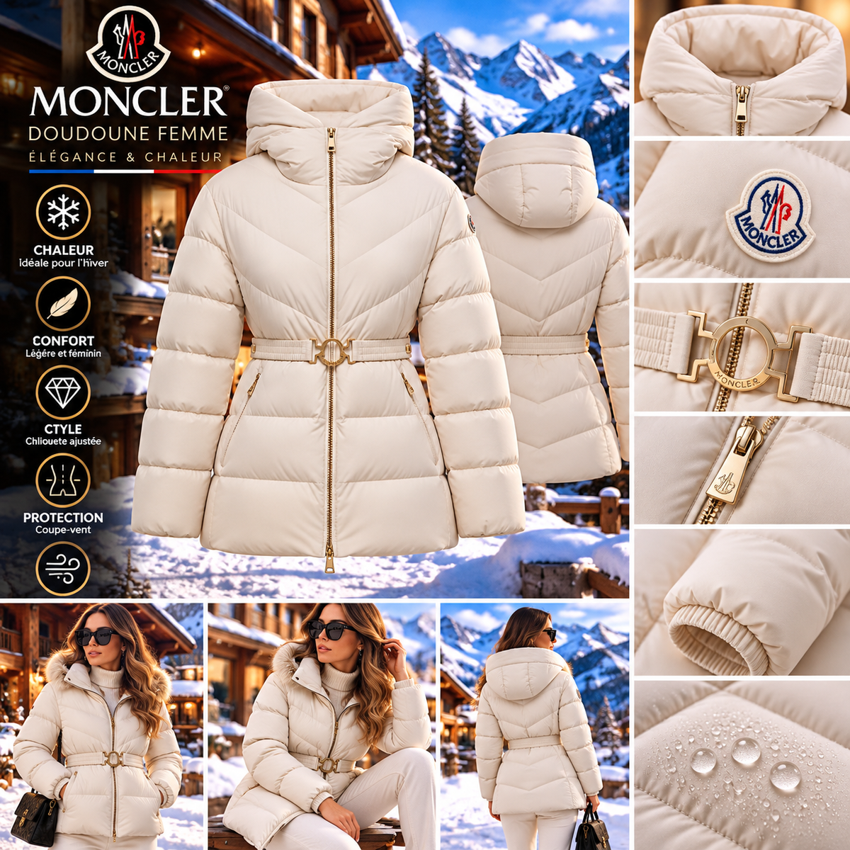 🤍 Doudoune femme écrue à capuche & ceinture Moncler