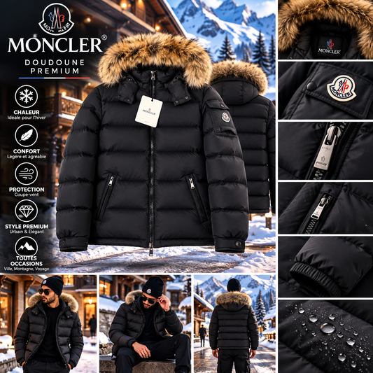 ⚫ Doudoune Moncler noire à capuche – Effet fourrure