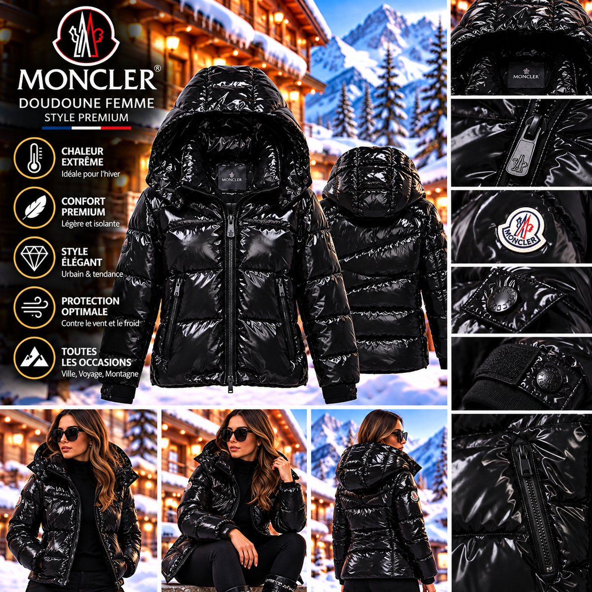 🖤 Doudoune Moncler Femme Noire Brillante à Capuche