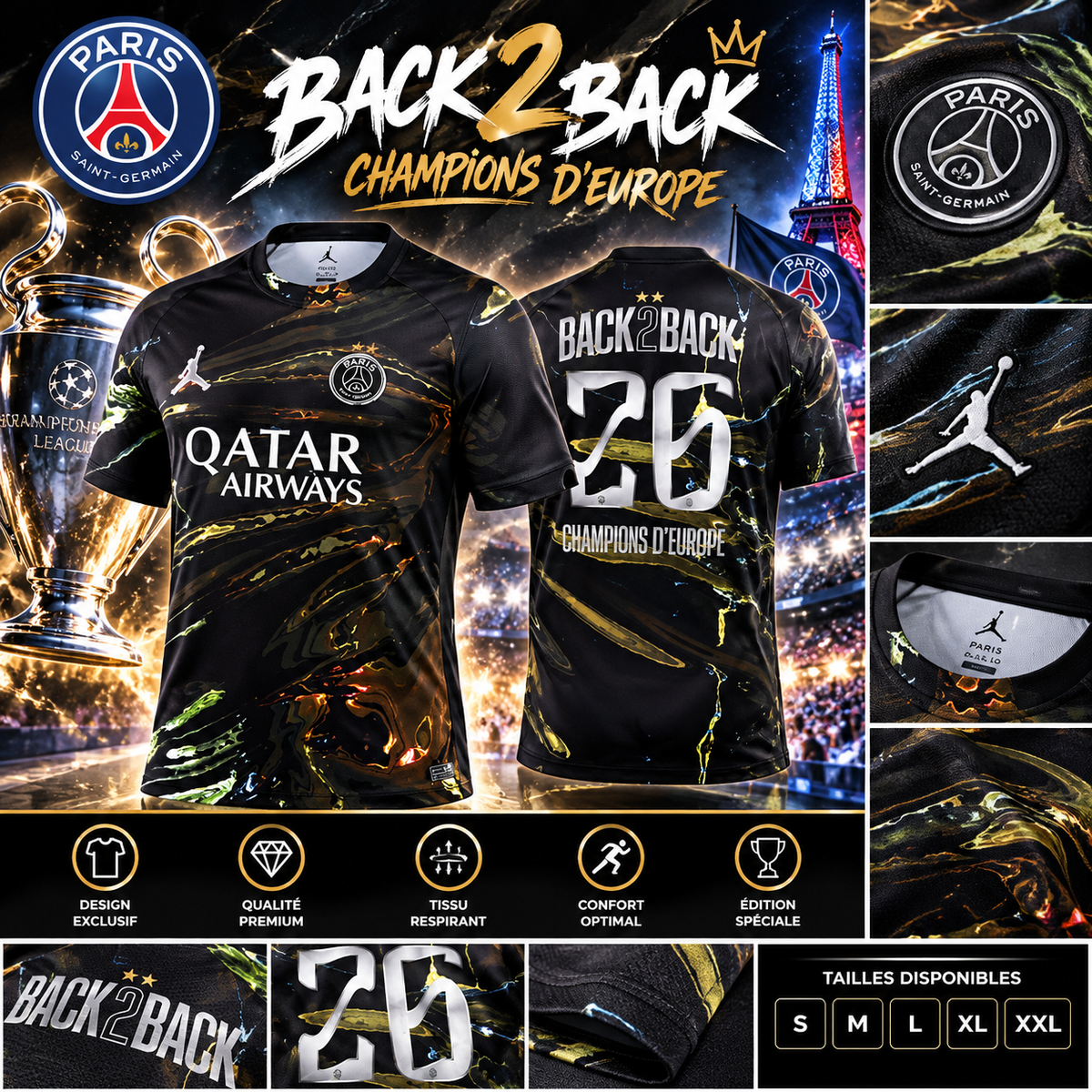 🏆 Maillot PSG “Back 2 Back” – Champions d’Europe