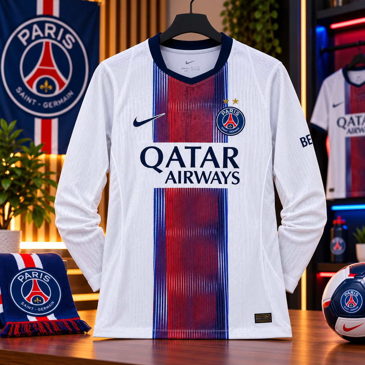 ⚪🔵🔴 Maillot PSG – Blanc Manches Longues