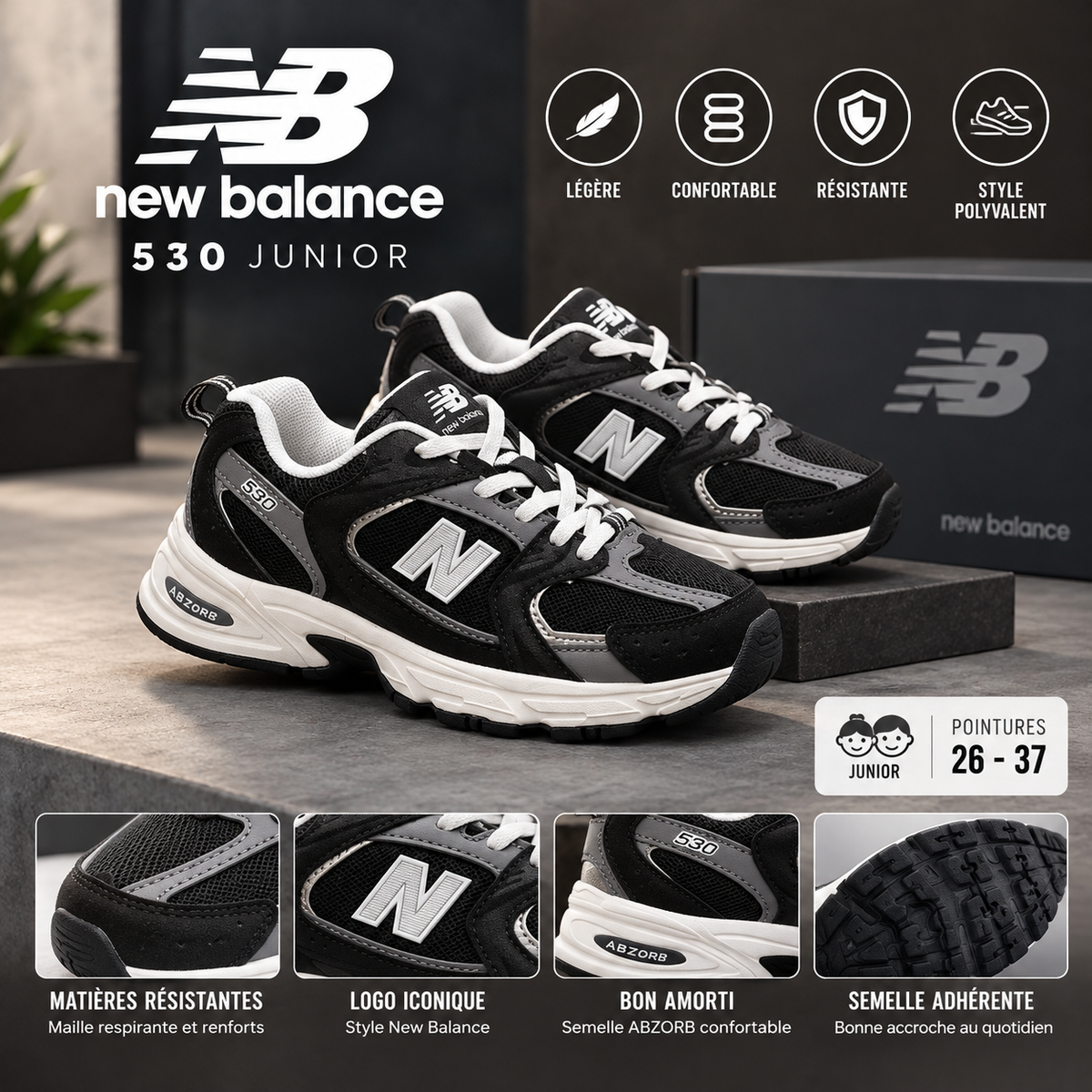 👟 New Balance 530 Junior – Noir & Blanc