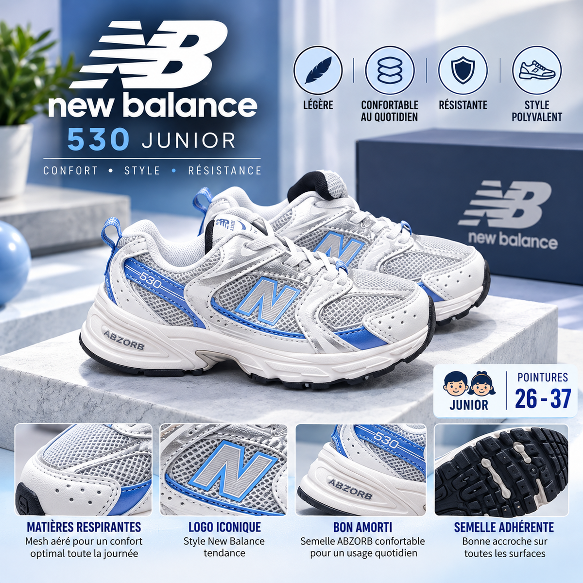 👟 New Balance 530 Junior – Blanc & Bleu
