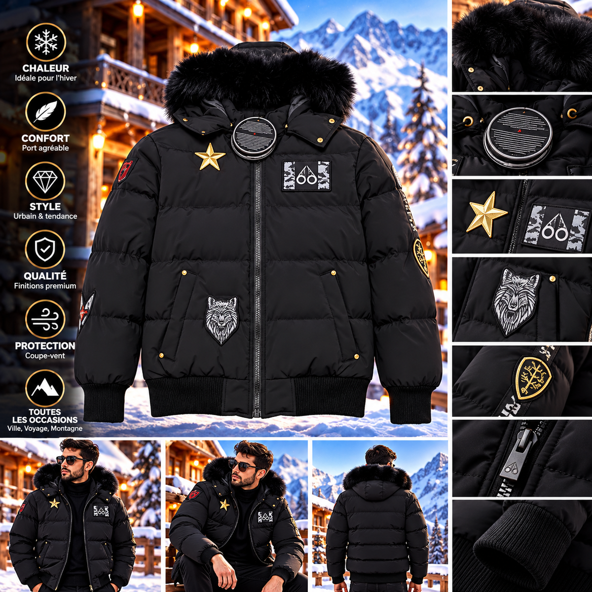 Doudoune noire à capuche fourrure – Style Premium